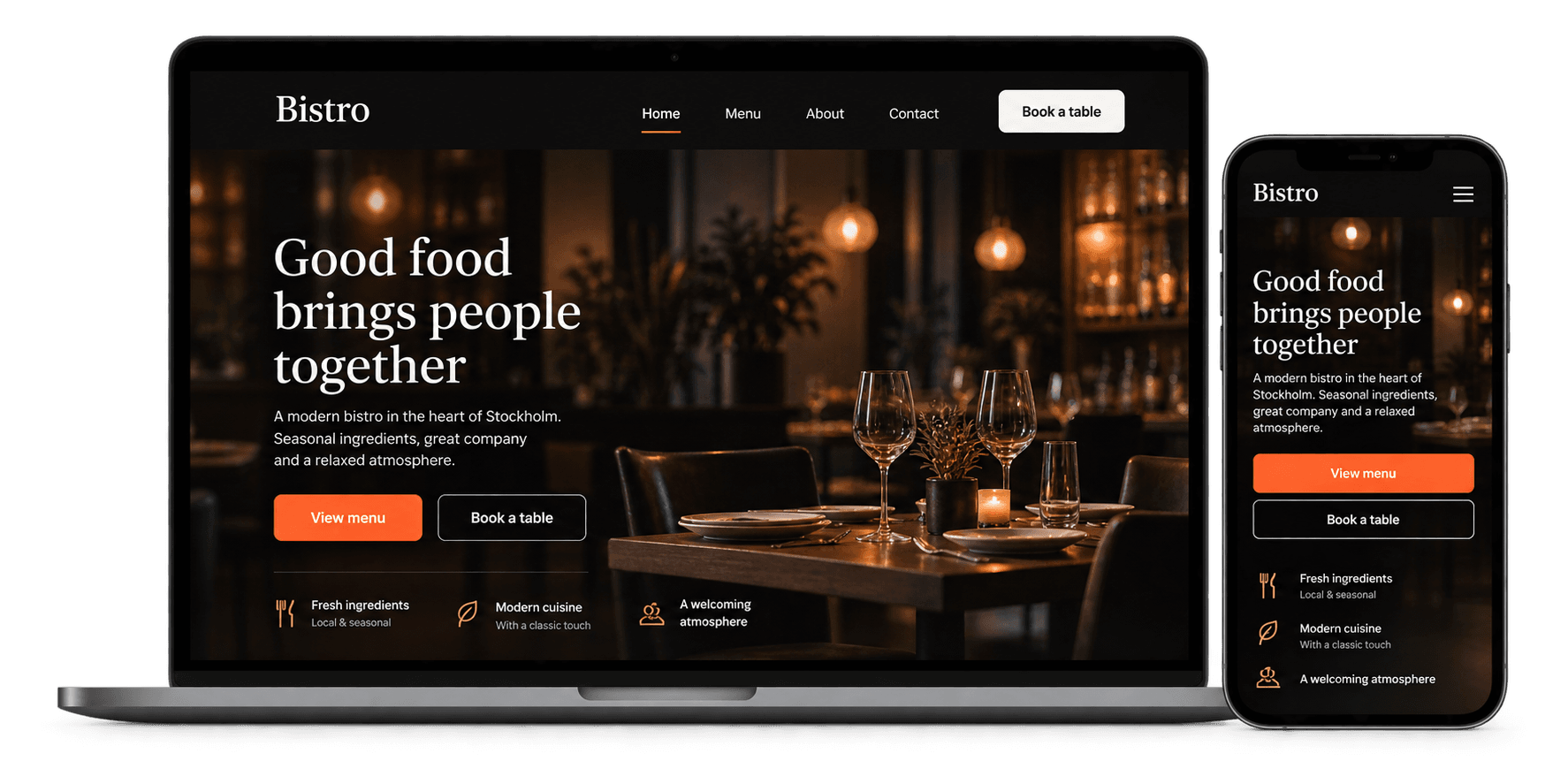 Skärmbild av startsidan för konceptwebbplatsen Restaurang – Restaurang