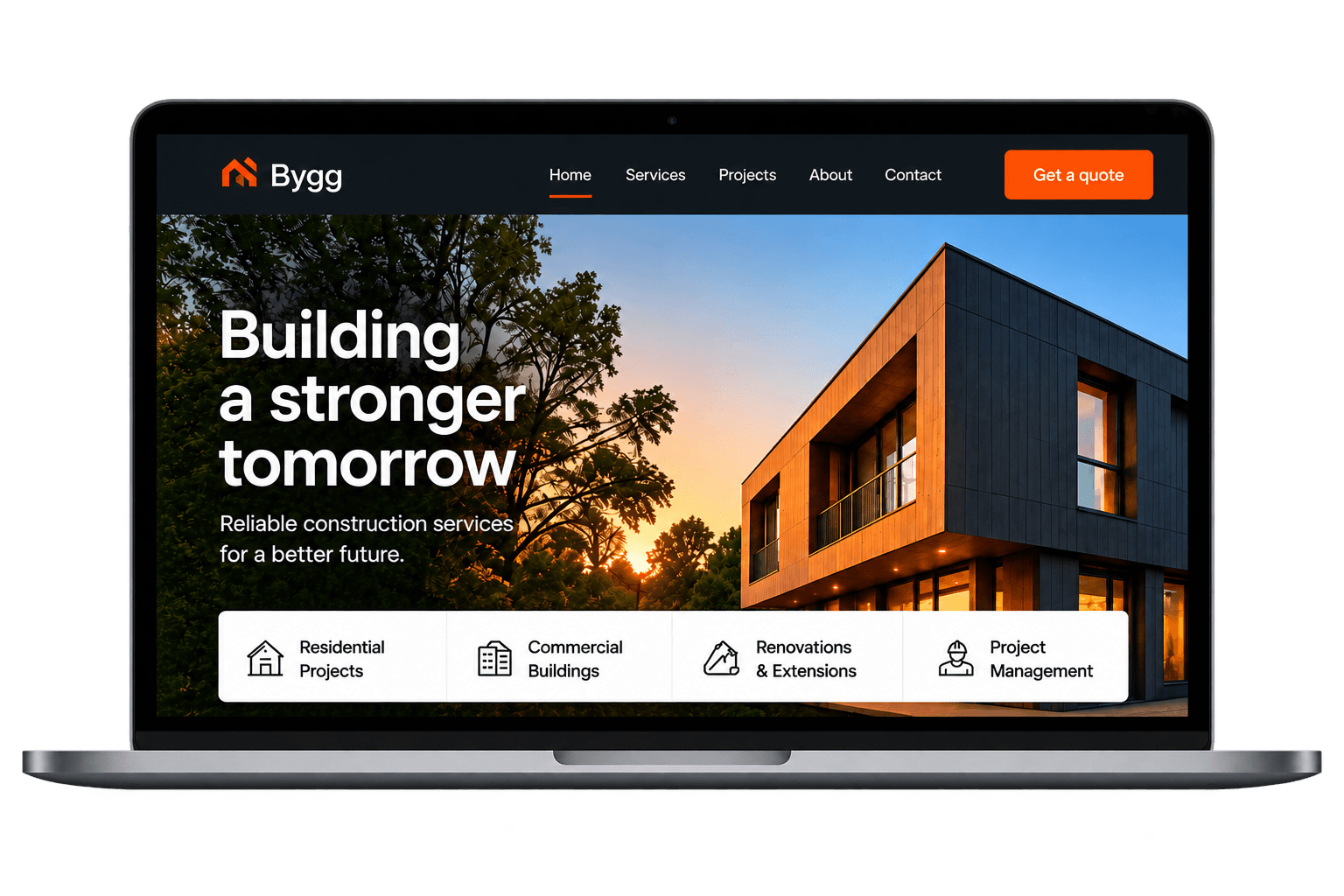 Skärmbild av startsidan för konceptwebbplatsen Byggföretag – Bygg & entreprenad