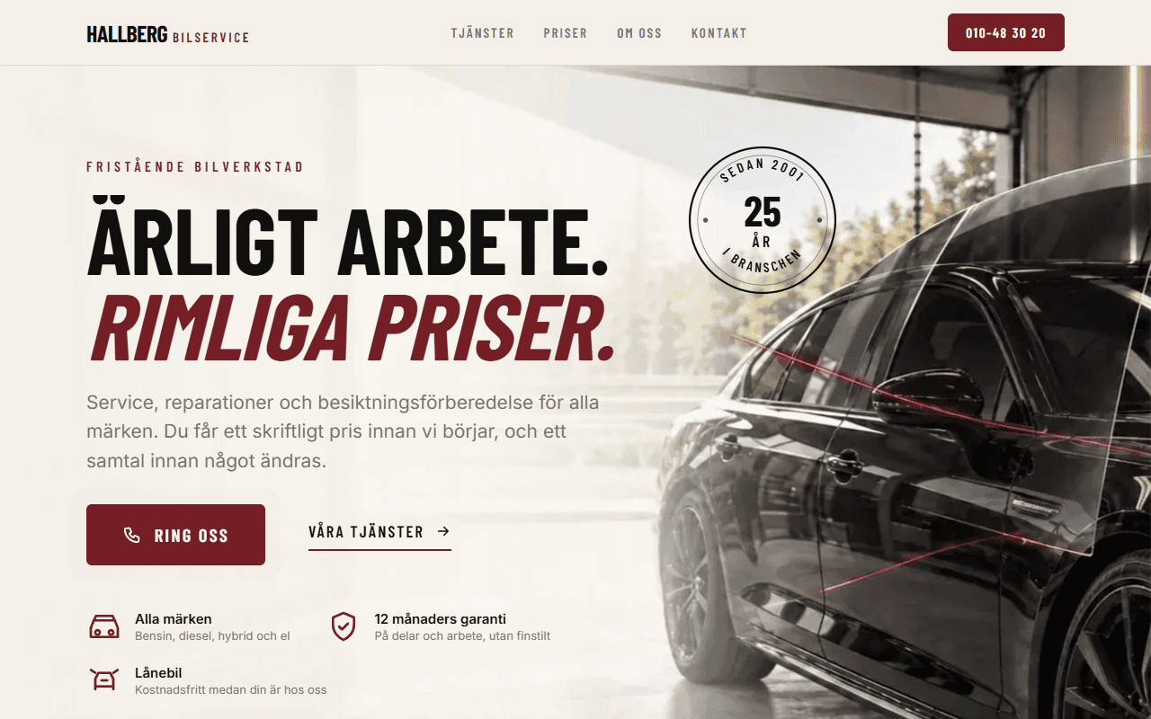 Skärmbild av startsidan för konceptwebbplatsen Hallberg Bilservice – Bilverkstad