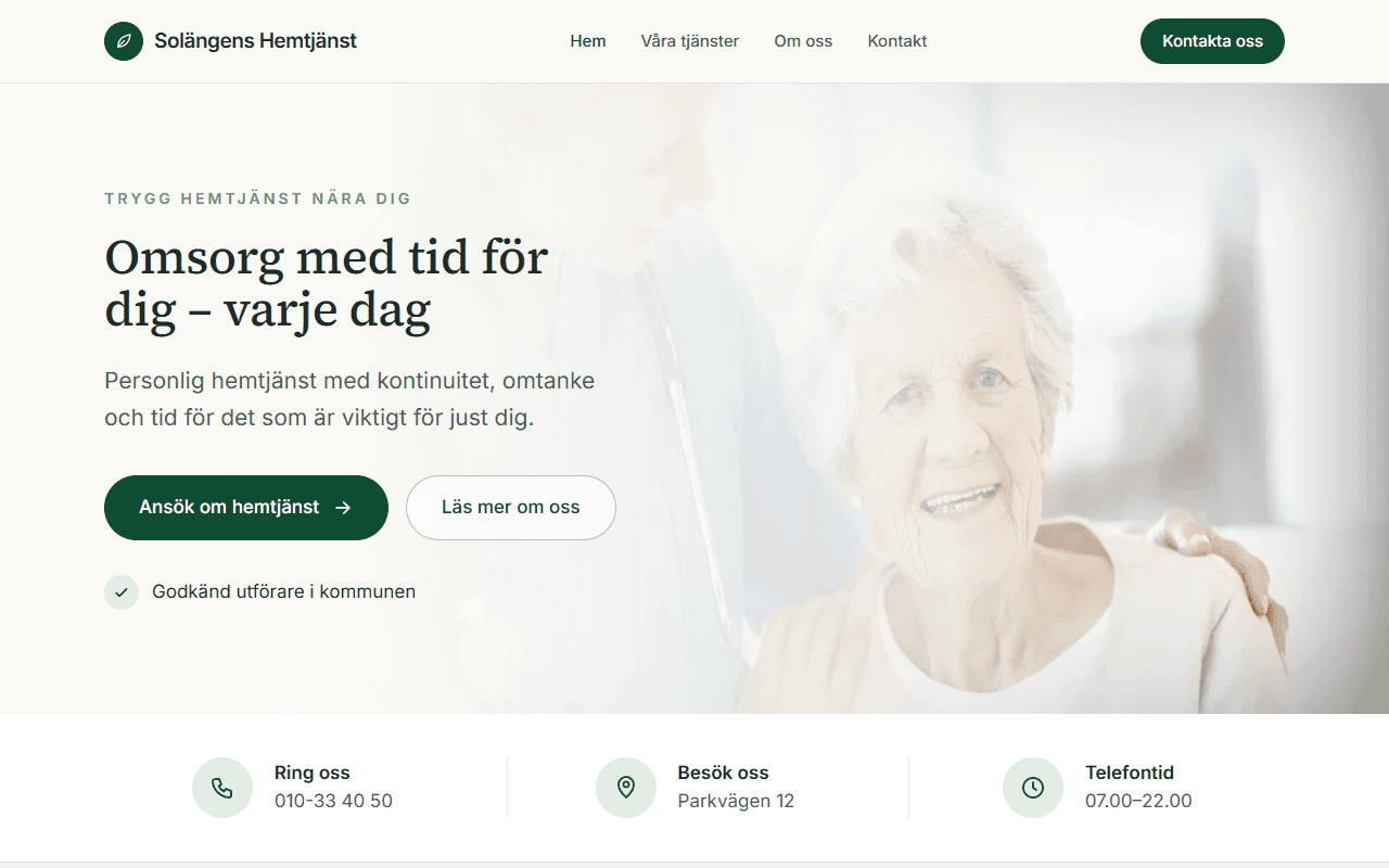 Skärmbild av startsidan för konceptwebbplatsen Hemtjänst – Omsorg & service