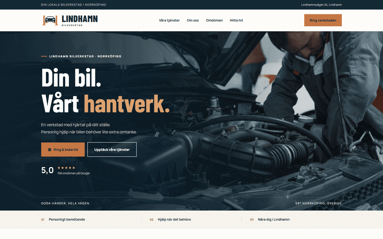 Skärmbild av startsidan för konceptwebbplatsen Lindhamn Bilverkstad – Bilverkstad