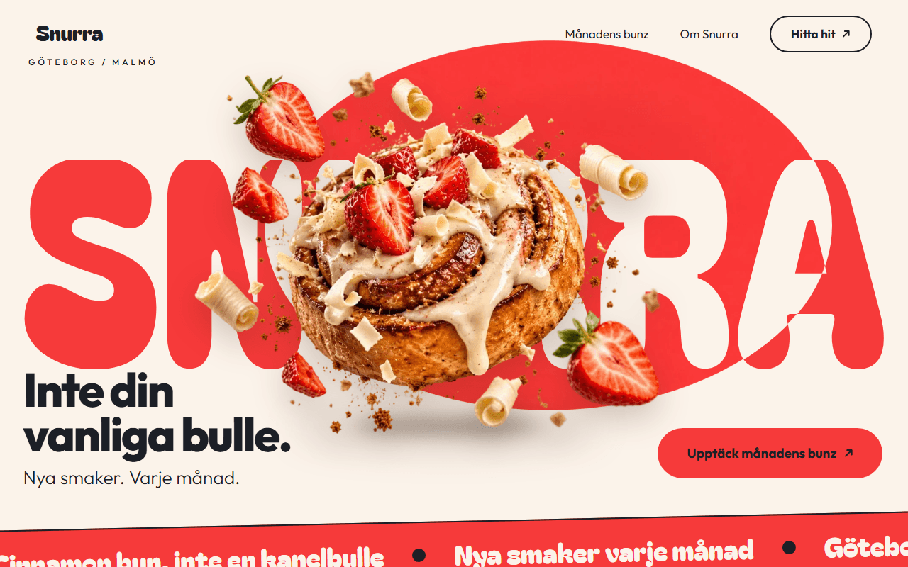 Skärmbild av startsidan för konceptwebbplatsen Snurra – Bageri