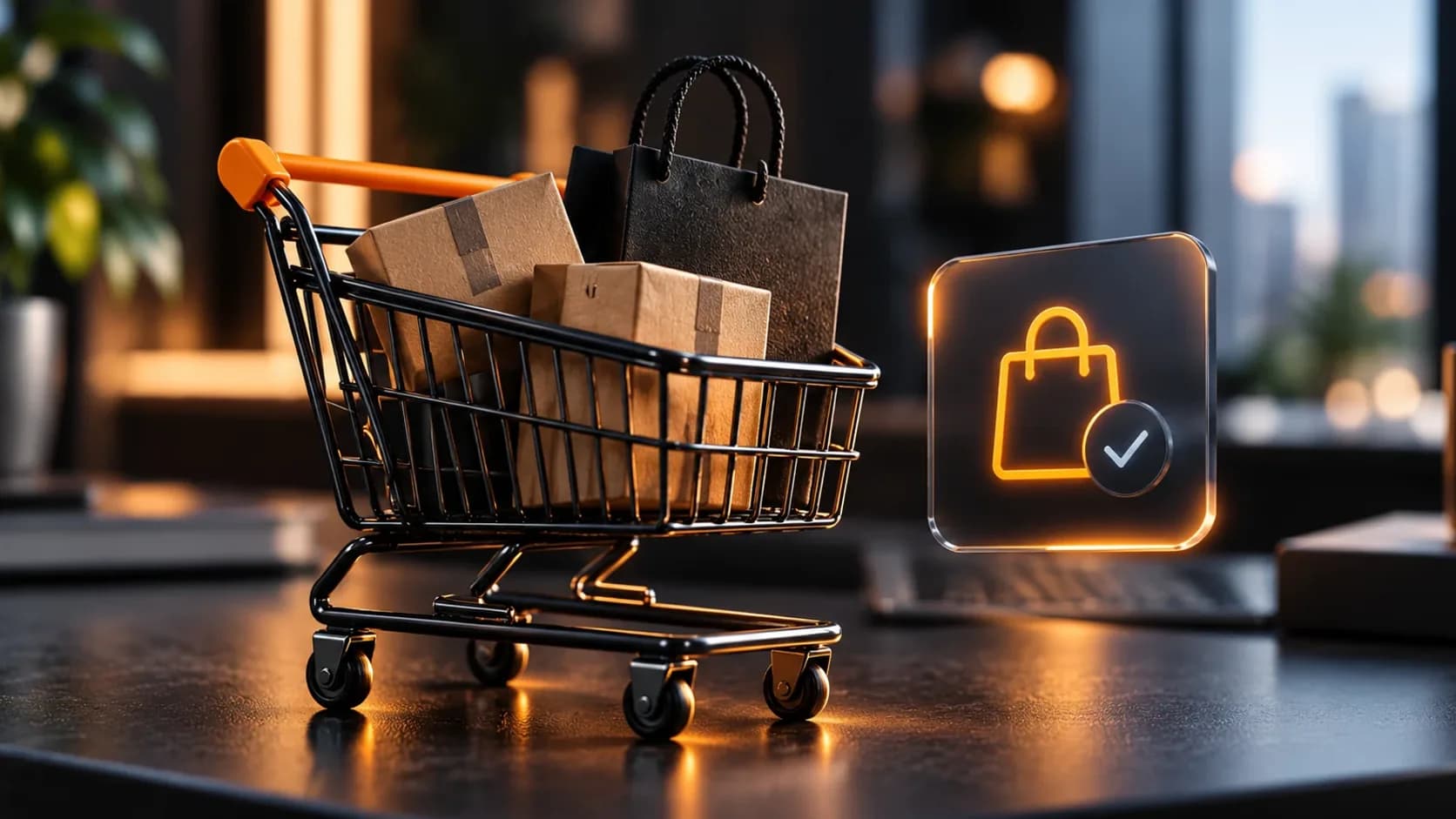 Kundvagn med paket framför en digital kassasymbol
