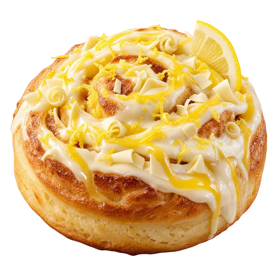 Stor cinnamon bun med citronfrosting, citroncurd, citronskal och vit choklad