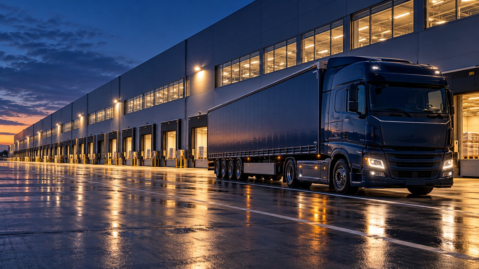 A distribution centre with an articulated truck at blue hour