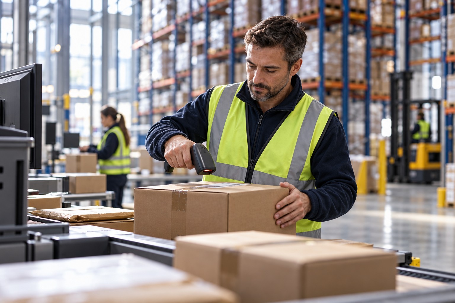 Warehouse specialist scanning an order at a packing station