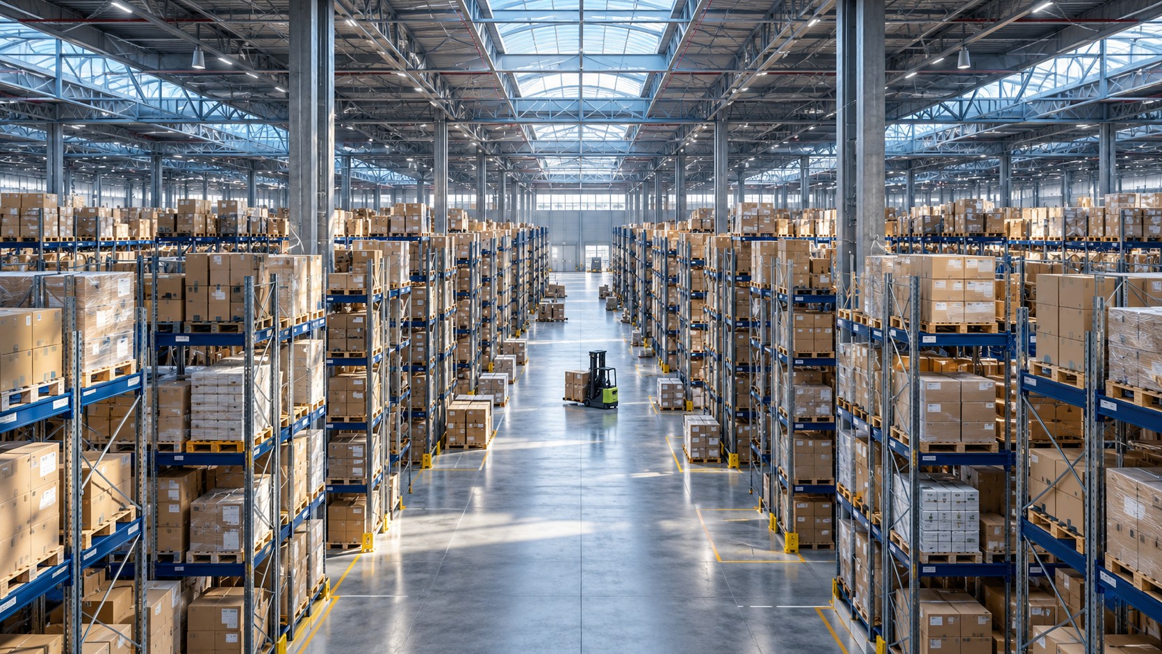 Pallet racks inside a spacious modern warehouse